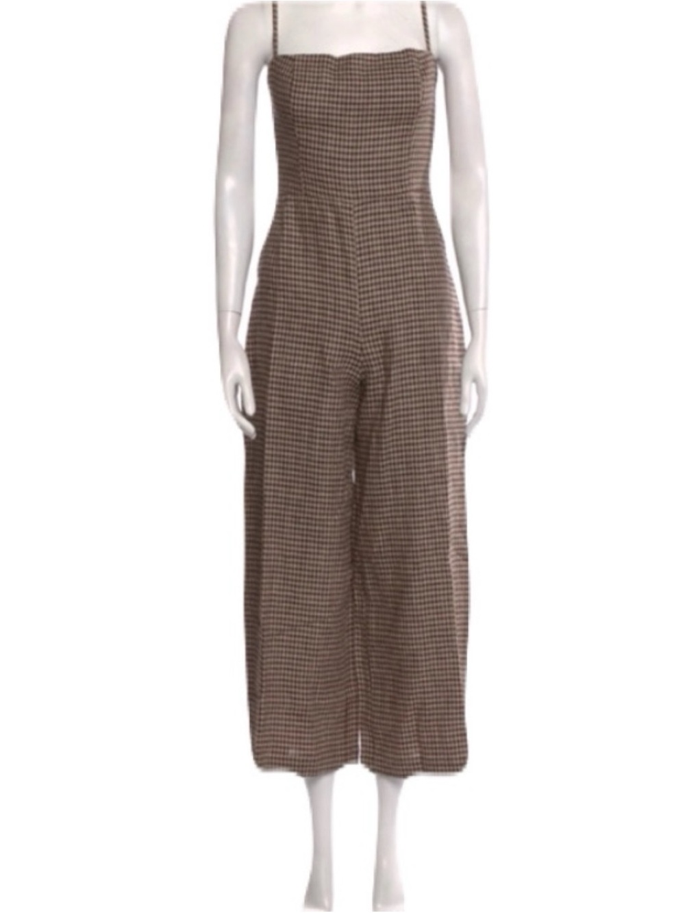 Reformation 0 Brown Gingham Checkered Plaid Sleeveless Linen Jumpsuit Cropped